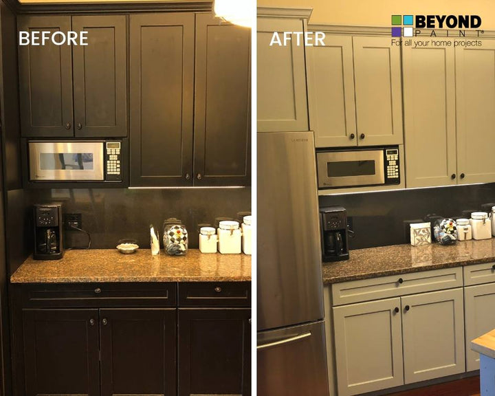 Ash Soft Gray by Beyond Paint. All In One Paint for kitchen cabinet presses from Smyths Homevalue.