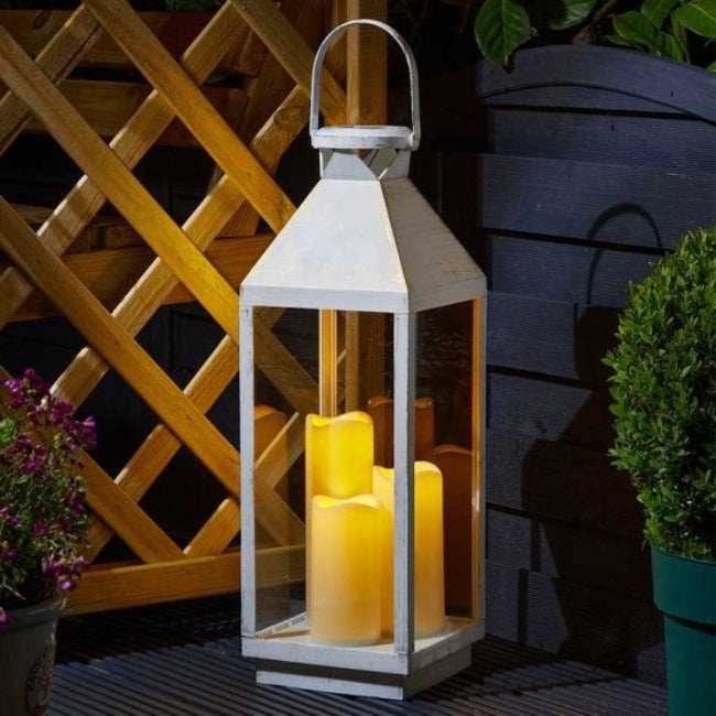 Riga Lantern With Three Pillar Candles - Ivory Solar Garden Light