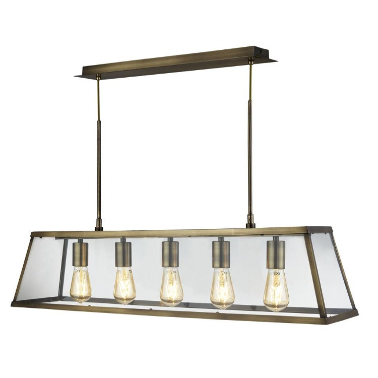 VOYAGER 5LT BAR CEILING LIGHT - ANTIQUE BRASS & GLASS