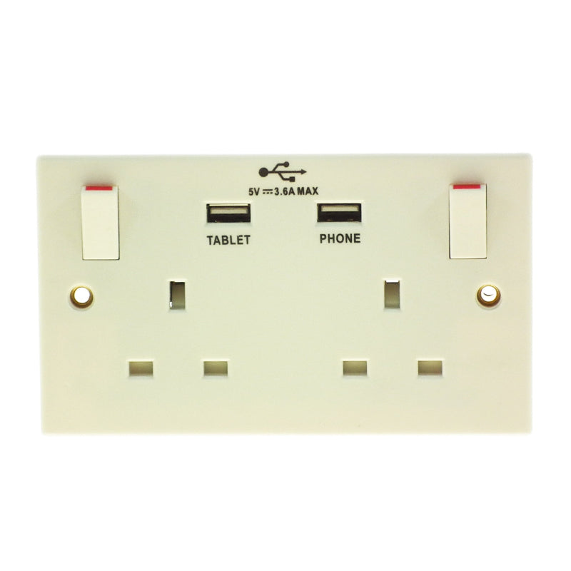 Powermaster Electrical 2 Gang 13 amp switched socket with 2 USB Ports