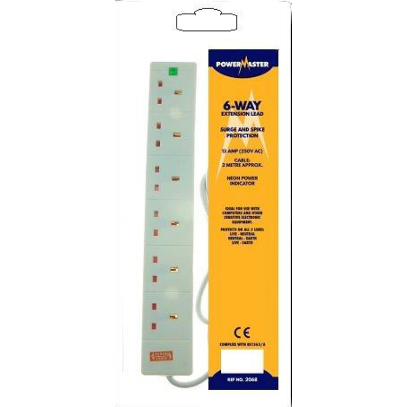 Powermaster 6 Gang 2 Metre Surge Protected Extension Lead.