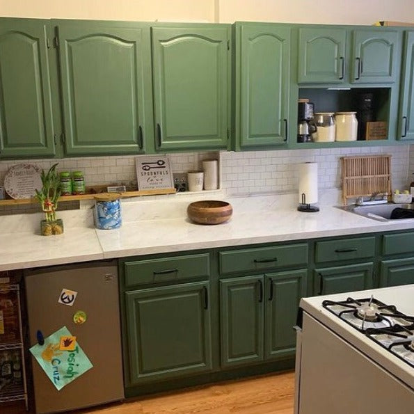 Forest Green by Beyond Paint. All In One Kitchen Cabinet Press Paint from Smyths Homevalue.