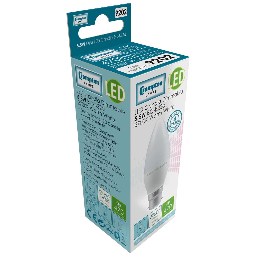 Crompton 5.5W LED Candle Warm White Dimmable BC-B22d Light Bulb