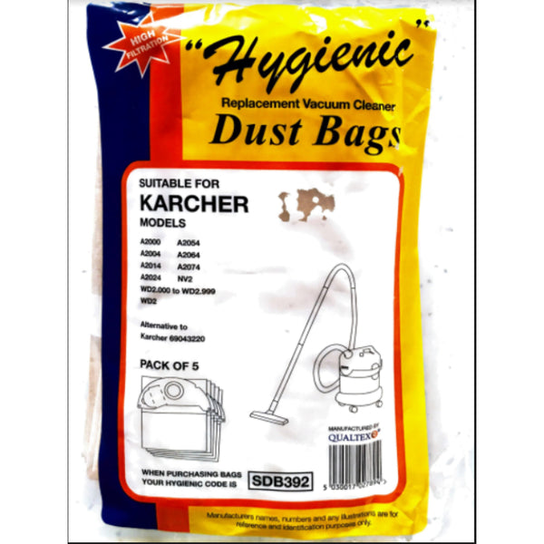 QUALTEX KARCHER Vacuum Cleaner Bags – SDB392  Karcher A2000, A2004, A2014, A2024, A2054, A2064, A2074, NV2, WD2.000 to WD2.999, WD2