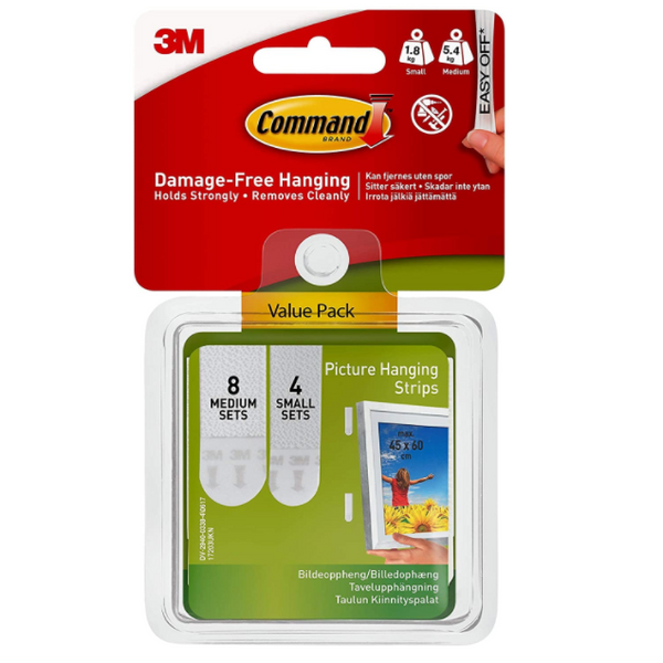 3M Command Small and Medium Picture Hanging Strips Value Pack, 4 pairs small, 8 pairs medium-white