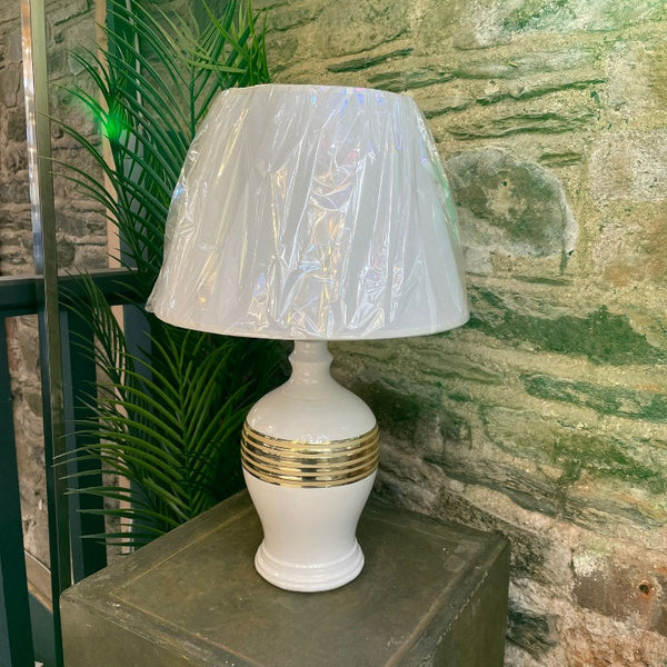 Gold Band Cream Ceramic Table Lamp w/ Cream Shade