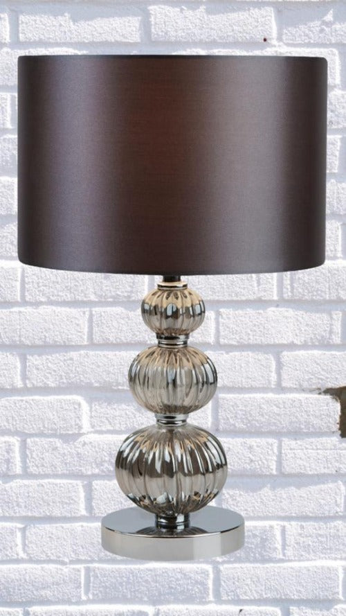 Chrome Stacked Table Lamp, Smokey Glass with Grey Faux Silk Shade