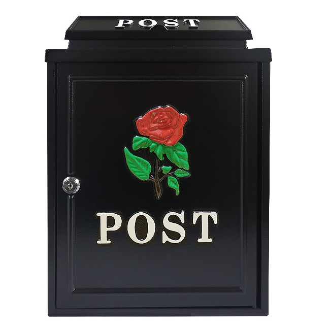Manor Black with Red Rose Cast Aluminium Postbox