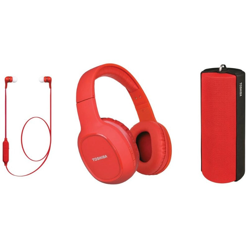 Toshiba Wireless 3 in 1 Combo Pack Red, Headphones, Earphones, Portable Bluetooth Speaker
