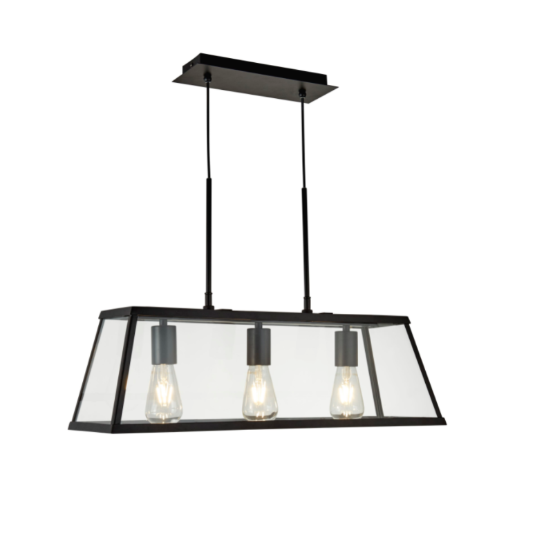 Voyager 3 Light Lantern Bar Fitting Ceiling Light with Black, Matt Glass Panels