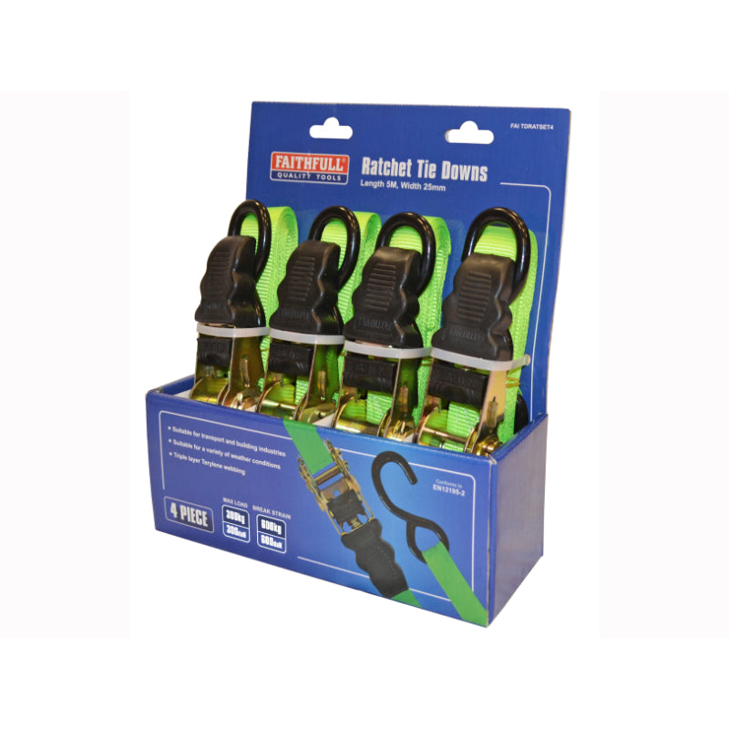 Faithfull 4 Piece 5m Green Ratchet Tie Down Set