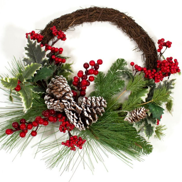 50cm Red Berry and Holly Half Christmas Wreath