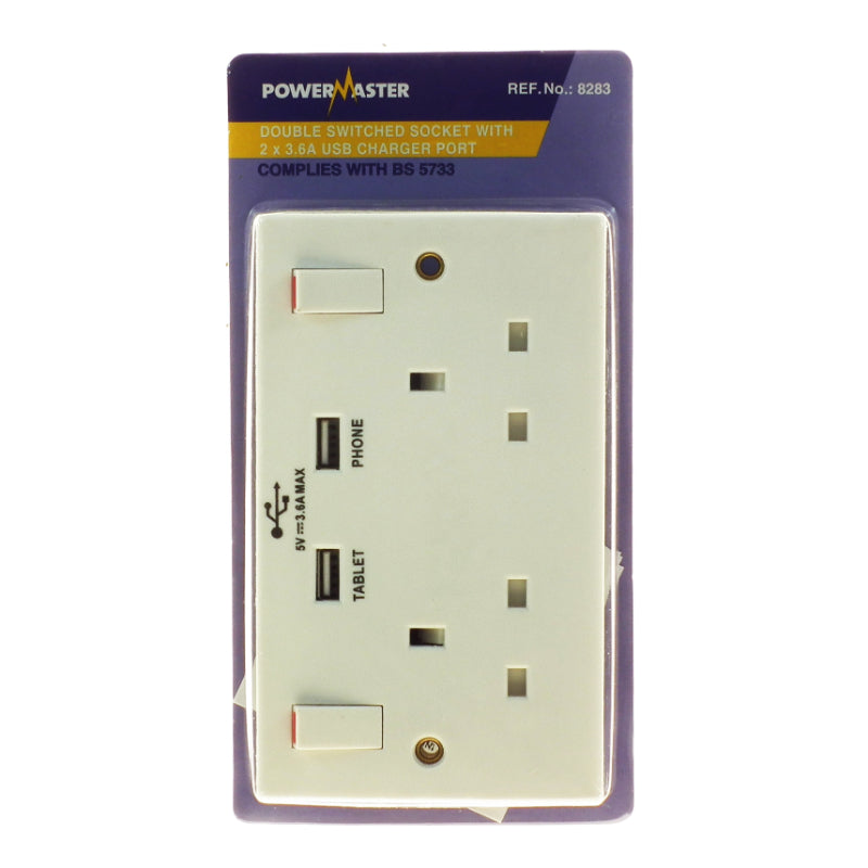Powermaster Electrical 2 Gang 13 amp switched socket with 2 USB Ports