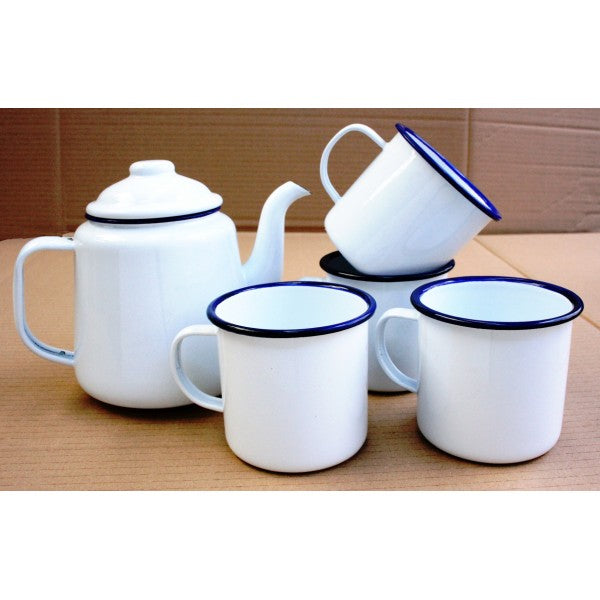 Enamel Falcon White Tea Pot with Blue Rim